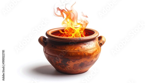 A rustic clay pot, bearing handles, is ablaze with orange and red flames against a stark white backdrop. A shadow is cast beneath