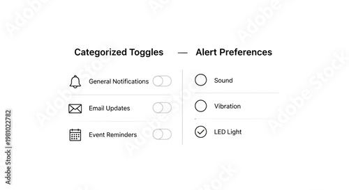Notification settings, toggle switches, alert preferences, customizable options, vector icons