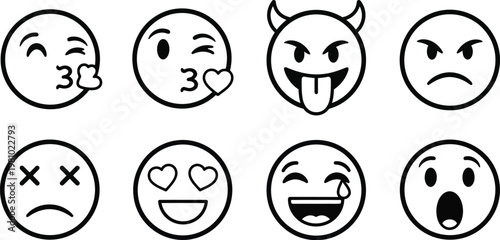 A collection of eight black and white circular emoticons depicting various emotional expressions ranging from happy to sad and mischievous high quality professional