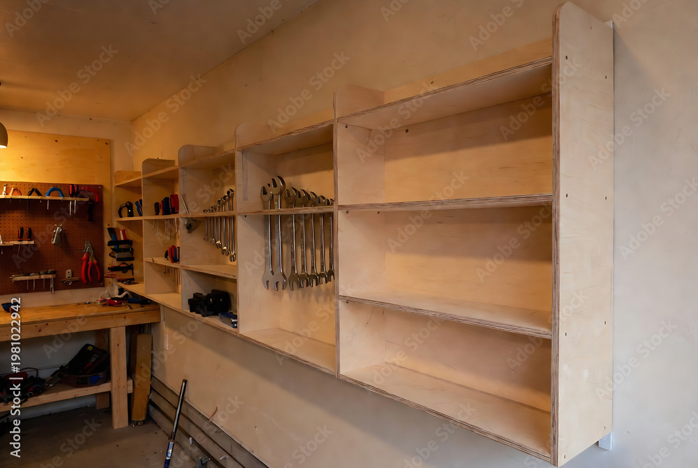 Obraz premium A DIY workbench with shelves and tool storage is being constructed in a garage.
