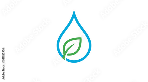 A blue water drop outline with a green leaf inside, symbolizing nature, ecology, and environmental sustainability.