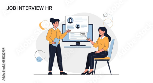 Job Interview HR: Two women discussing candidate profile on computer screen