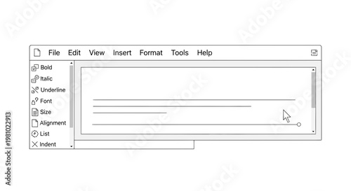 Vector text editor interface, document editing screen, word processor template, desktop publishing tool