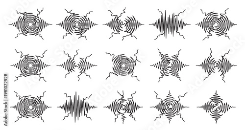 Sound Wave Crack Patterns Set, sound waves, sonic ripples, vibration. Editable Vector Stroke Illustration. featuring sound, wave, ripple, energy, impact, shockwave, pulse, sonic, abstract more.