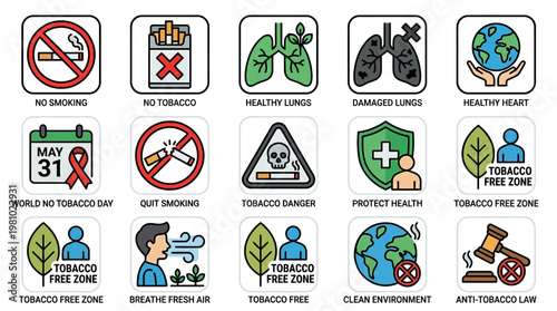 A comprehensive collection of anti-smoking and tobacco awareness icons, illustrating health impacts, prevention, and a clean environment.