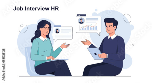 Job Interview HR: Woman interviews man with tablet, charts, and resumes