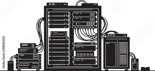Black and white of computer server and network equipment