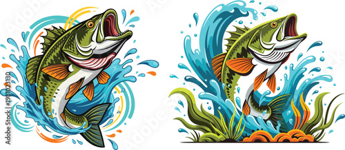 Jumping Bass Fish Illustration Set with Water Splash Fishing Logo and Freshwater Design