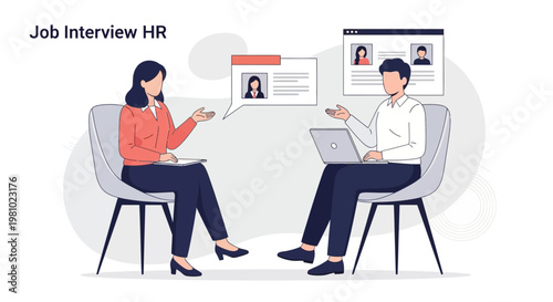 Job Interview HR: Woman Recruiter Interviews Man Candidate with Laptop