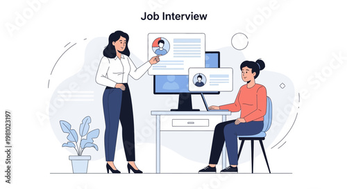 Job Interview illustration: HR manager reviewing candidate profile on computer screen