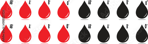 Blood type icon set with red and black drops A B AB O positive and negative symbols, blood group classification and donation concept, medical healthcare illustration pack