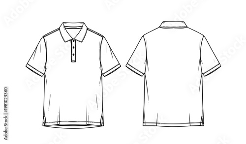 Polo shirt technical fashion illustration with front and back view cuff sleeve CAD mockup vector