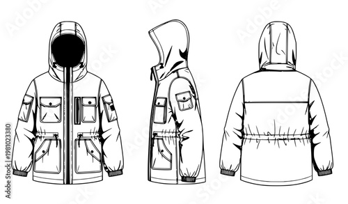 Kids hooded jacket technical drawing front side and back views fashion flat sketch vector illustration