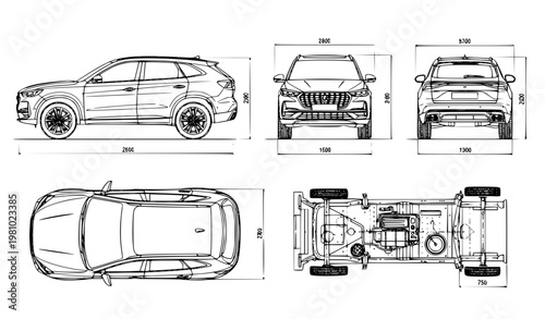 White SUV car blueprint with multi view technical drawing front side rear top vector illustration