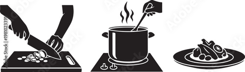 Black and white of cooking steps with hands cutting food on a board stirring a pot and serving
