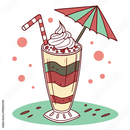 A cute vector illustration of a chocolate milkshake in a glass mug with whipped cream