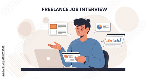 Freelance Job Interview: Man with Laptop Discussing Business Charts Online