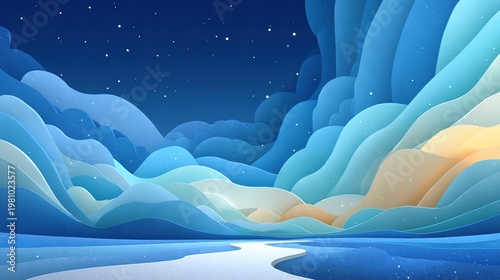 Blue And White Clouds Vector Illustration Light Yellow Orange Rolling Hills Starry Night Sky Zen Flat Landscape Azure Beige River Depth Design