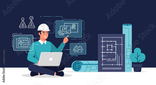 Architectural planning and design with engineer using laptop and blueprints