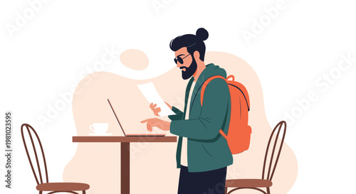 Bearded man with backpack working on laptop at cafe table with coffee