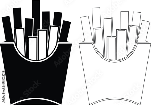 Comparison of filled and empty french fry containers in black and white line art Vector
