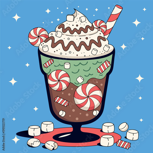 A cute vector illustration of a chocolate milkshake in a glass mug with whipped cream