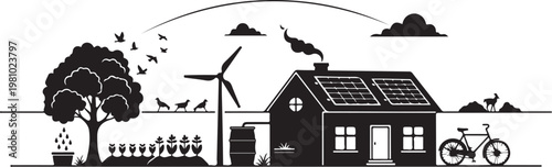 Black and white of eco friendly house with solar panels wind turbine and bicycle