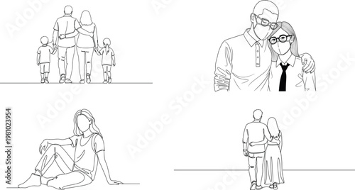 Continuous Line Art Bundle – Family Walking, Couple Wearing Mask, Romantic Couple Back View and Sitting Woman One Line Drawing Vector Set