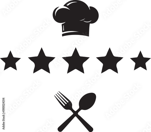 Black and white restaurant rating symbols with chef hat stars and crossed utensils