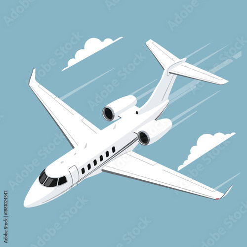 Modern Business Jet Flying Over Clouds in Clear Sky