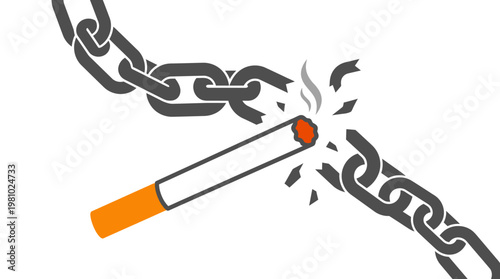 A lit cigarette breaking a metal chain, symbolizing freedom from addiction or quitting smoking.