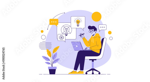 Creative person working on laptop, brainstorming ideas, innovation, planning, strategy, flat design