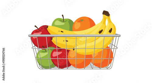 A sturdy silver wire shopping basket is packed with ripe red and green apples, bright oranges, and yellow speckled bananas against a white backdrop.