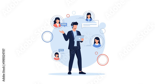 Customer service agent connecting with clients via online communication, business concept