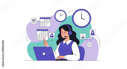 Customer service agent working on laptop with calendars and clocks, time management concept