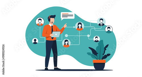 Customer service manager connecting with team and clients online, business network concept