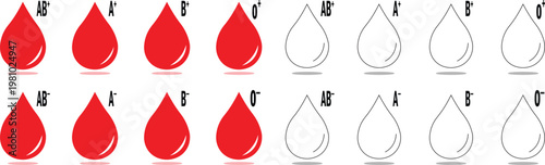Blood type icon set with red and outline drops A B AB O positive and negative symbols, blood group classification and donation concept, medical healthcare line and flat illustration pack