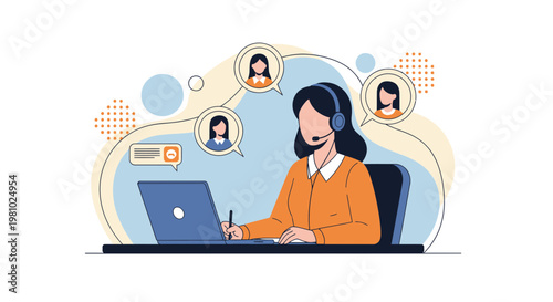 Customer Service Representative with Headset and Laptop, Online Communication