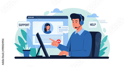 Customer Support Agent Helping Client Online with Headset and Computer