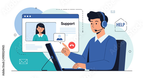 Customer support agent with headset on video call, helping client online