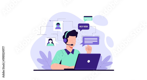Customer support agent with headset and laptop, online communication, help desk concept