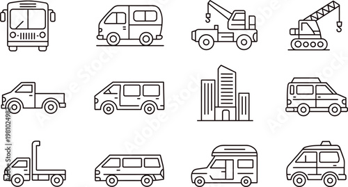 Outline transport and construction vehicle icons set for web, app, and print design
