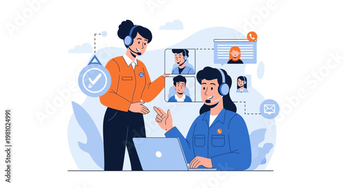 Customer Support Team Video Call Collaboration, Online Communication and Service