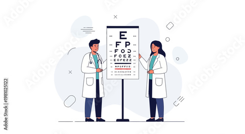 Ophthalmologists examining eye chart, vision test, optometry clinic illustration