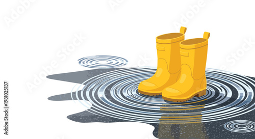 Bright yellow rubber rain boots stand firmly in a dark textured puddle featuring detailed concentric ripples against a stark and clean white backdrop.