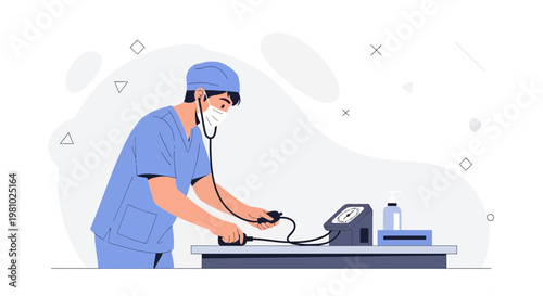 Doctor in blue uniform and mask using stethoscope and blood pressure monitor