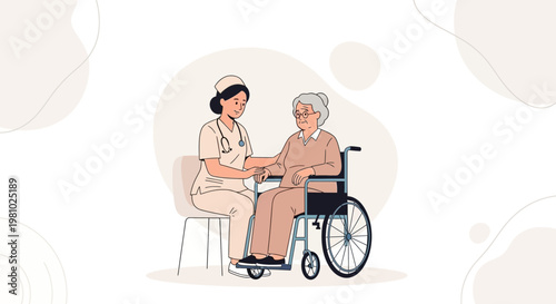 Nurse caring for elderly woman in wheelchair, healthcare, support, medical assistance