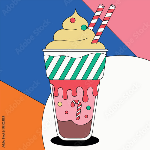 A cute vector illustration of a chocolate milkshake in a glass mug with whipped cream