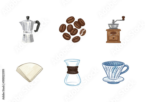 Coffee Brewing Equipment and Roasted Beans Set with Colorful Crayony Pencil Texture and Colorful Fluidity