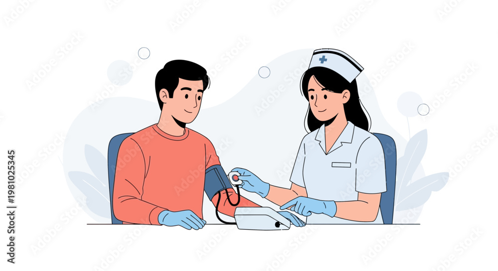 Fototapeta premium Nurse checking patient's blood pressure, medical checkup, healthcare concept illustration
